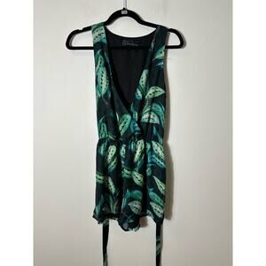Adelyn Rae Green Leaf Pattern Satin Belted Romper Sz XS